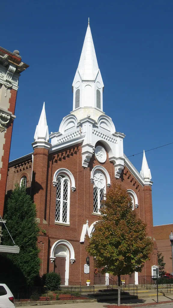 Front of the First Baptist Church, located at 813 Market Street in Parkersburg, West Virginia, United States. Built in 1871, it is listed on the National Register of Historic Places.