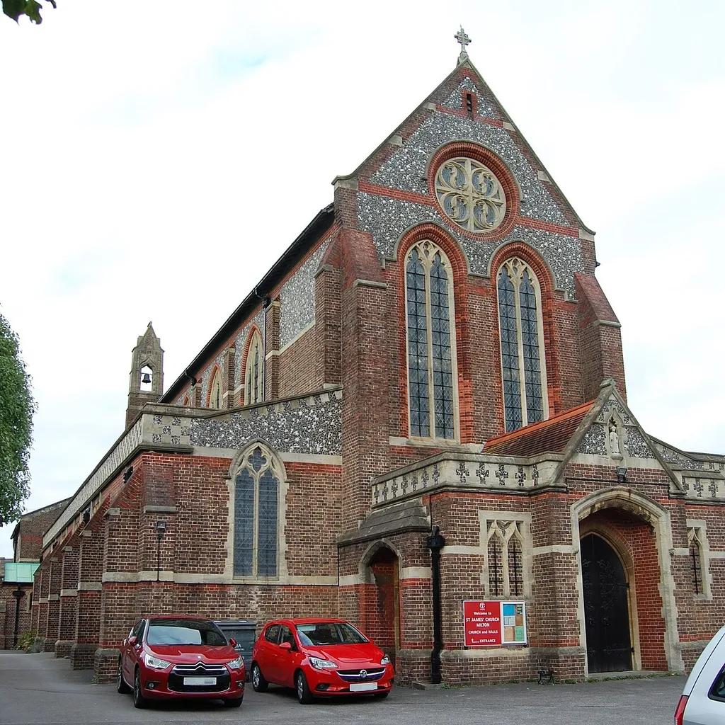 St James's Church, 287 Milton Road, Milton, City of Portsmouth, England. Built in 1913 to replace a church of 1841 on an adjacent site. John Oldrid Scott was the architect.